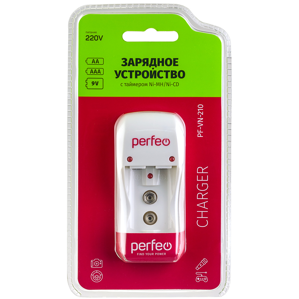 Заряд. устр. Perfeo PF-VN-210 Ni-Mh/CD, 220V, 2 слота, АА/ААА/9V, таймер Заряд. устр. Perfeo PF-VN-210 Ni-Mh/CD, 220V, 2 слота, АА/ААА/9V, таймер