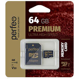 Карта памяти Perfeo microSDXC 64GB High-Capacity (Class 10) UHS-3 V30 с адаптером